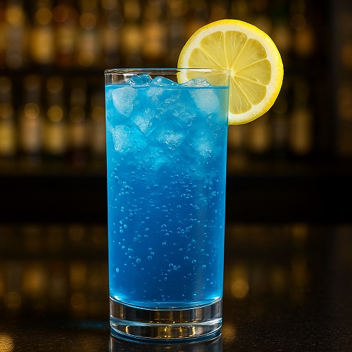 A vibrant blue 'Adios Motherfucker' cocktail served in a highball glass filled with ice.